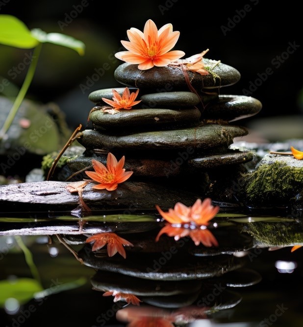 lotus flowers on stacked rocks in a pool